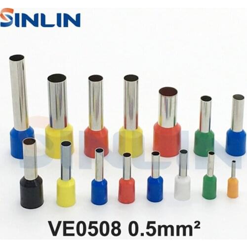 1000pcs/lot Crimp Terminal VE0508 tube pre insulating terminal Bootlace Ferrules AWG22 0.5mm^2 Brass Lead length 8mm