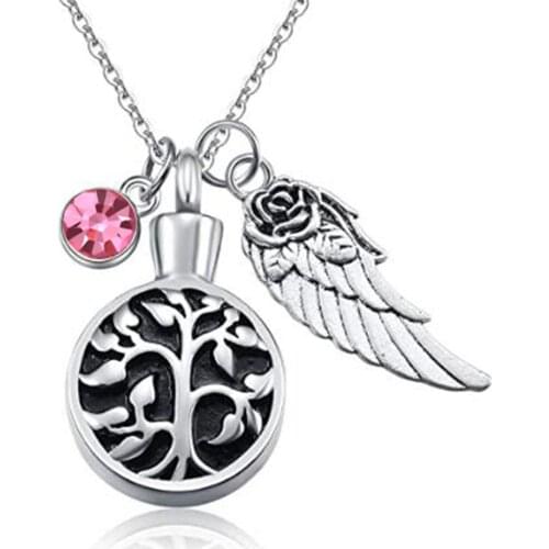 Unisex Stainless Memorial Cremation Ash Holder Urn Necklace for Ashes Life Tree Pendant with Angel Wing and Birthstone Charm