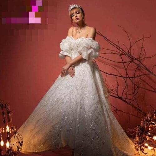 Luxury Dubai Crystal Rhinestone Wedding Dresses Lace Appliques Half Sleeves Puffy Ball Gowns Full Crystals Bridal Dress
