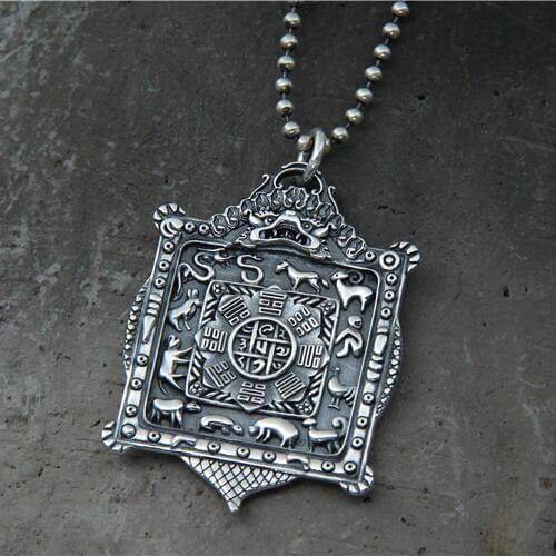 925 Silver Nine Direction Eight Symbols Amulet Sterling Silver Tibetan Direction-Symbol Pendant Necklace Buddhist Vajra Pendant