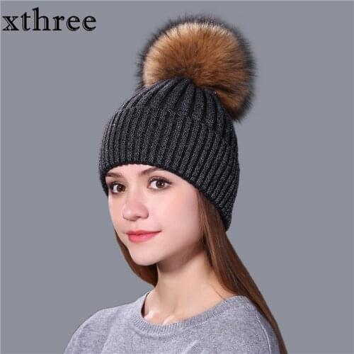 Xthree fashion female winter hat for women and girl mink fur pom poms knitted hat beanie hat brand new thick cap