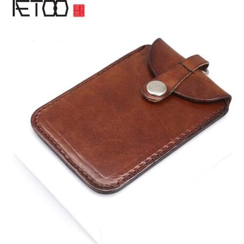 AETOO Tanning cowhide card bag hanging neck rope Retro card set leather bus card bag portable coin wallet Small wallet