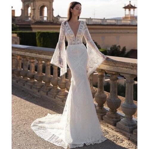 Boho Wedding Dress Mermaid V-Neck Flare Sleeve Lace Appliques Backless Floor Length Sweep Train Bride Gown Custom Made New