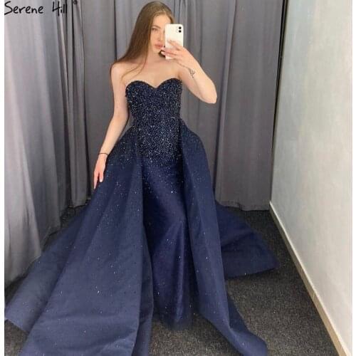 Serene Hill Dubai Navy Blue Full Crystals Evening Dress 2020 Off Shoulder Sexy Luxury Mermaid Formal Party Wear Gown CLA6637