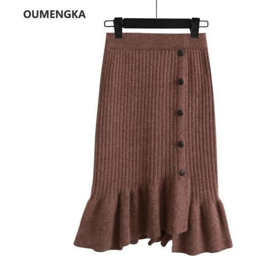 New Women Knee-Length Casual Skirts Knitting Solid Female Mermaid Ruffles Skirt Autumn Winter High Waist Bodycon Package Hip