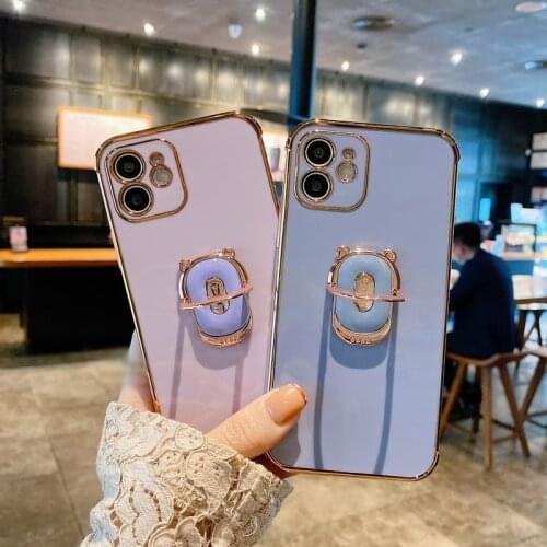 Plating Camera Protect Case Cover For iPhone 12 11 Pro Max Mini XS XR X 7 8 Plus SE 2020 Phone Cover With Bear Cub​ Ring Stand