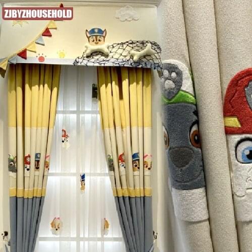 Modern Minimalist Style Childrens Room Cartoon Anime Blackout Curtains Boy Barking Team Cotton and Linen Curtains