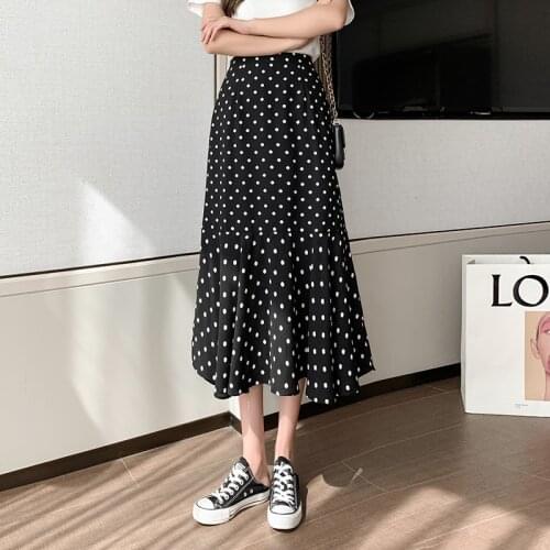 2021 Autumn New Fishtail Skirt Elastic High Waist Slim Chiffon Skirt Simple Dot Casual Women A-line Long Skirt Free Shipping