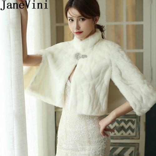 JaneVini Fashion Ivory Fur Jacket Stoles High Neck Beaded Wedding Capes Bolero Womens Winter Faux Fur Shrug Wraps Outerwear 2020