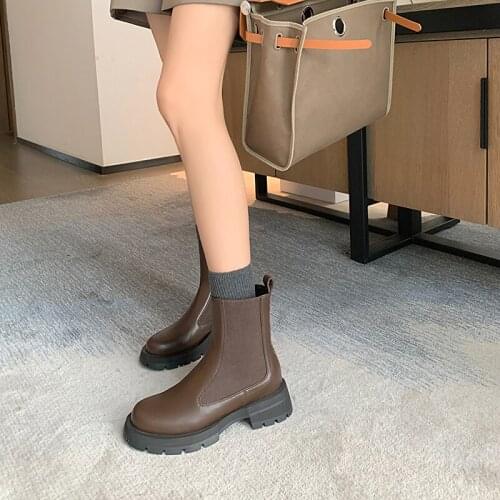 QZYERAI 2021 Winter Boots Women Shoes Woman England Vintage Cowhide Knitted Smoker Boots Chelsea Ankle Boot Botas Shoes Women