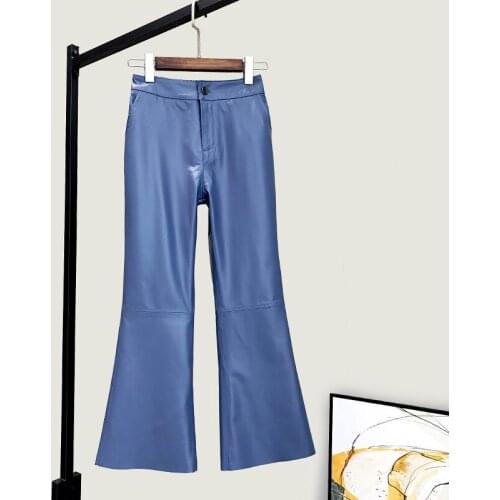 Europe Style Womens High-rise leather ninth pants Spring Autumn High quality sheepskin Real leather bell-bottoms pants A090