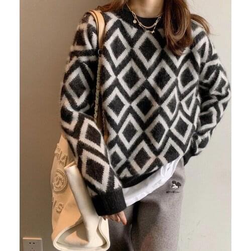 Korobov Korean Chic Plaid Striped Patchwork Women Sweaters Vintage O Neck Long Sleeve Sueter Mujer Autumn Pullovers Sweater