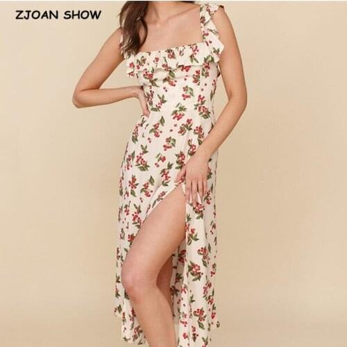 Vintage French Style Fruit Floral Print Sleeveless Women Dress Ruffles Square Collar Hem Slit Tank Dresses Beach Holiday Robe