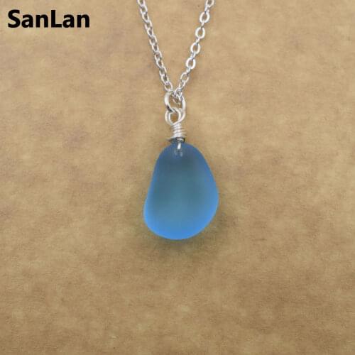 SanLan 1pcs handmade 12-16mm blue color Sea glass necklace seaglass, beach glass