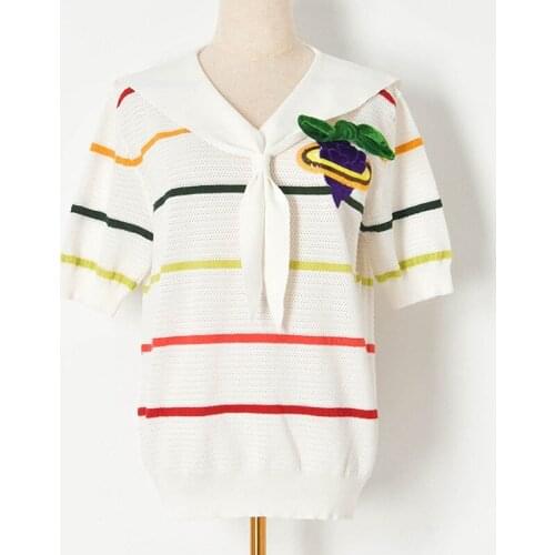 2021 Fashion Women T-Shirts Striped Summer Tees Beading Short Sleeve Knit Tops Sailor Collar Casual Harajuku Korean Lady Clothes