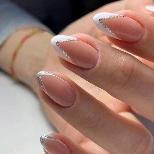 24pcs/box fake nails french manicure oval head white and silver rim design artificial nails with glue NE
