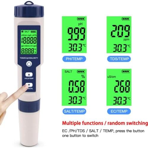 5 in 1 PH/TDS//EC Temperature Meter Digital Water Quality Monitor Tester Detector for Pools Drinking Water Aquariums PH Meter