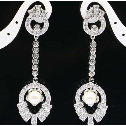 63x18mm Lovely Long Big 11g Created White Bright Zircon White Pearl for Women Silver Earrings Jewelry Gifts