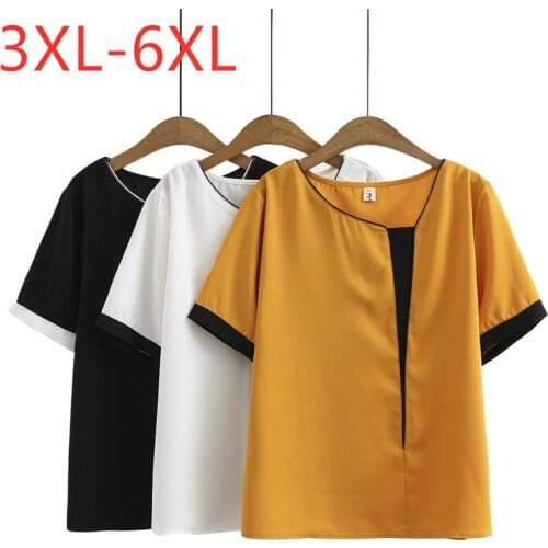 New 2021 Ladies Summer Plus Size Tops For Women Large Blouse Short Sleeve Loose Casual Chiffon Yellow Shirt 3XL 4XL 5XL 6XL