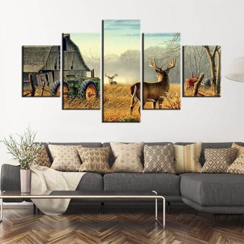 Canvas Poster Print Painting Home Decoration 5 Panels Animal Deer Family Forest Lanscape Picture for Living Room