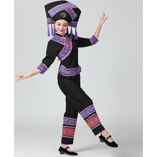 HuNan tujia miao Outfit Hat + Jacket + Pants Guangxi zhuang Garment minority dance dress Lady Enthnic Vacation party costume