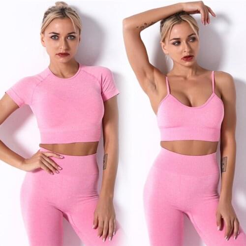 2PCS Slim Gym Set Seamless Women Legging Work-out Suit Sports Short Sleeve Crop Top High Waist Running Clothing Fitness Tracksui