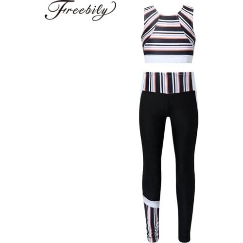 Kids Girls Sport Suit Tracksuits Yoga sets Sleeveless Racer Back Stripes Running Sport Vest Top High Waist Pants Leggings outfit