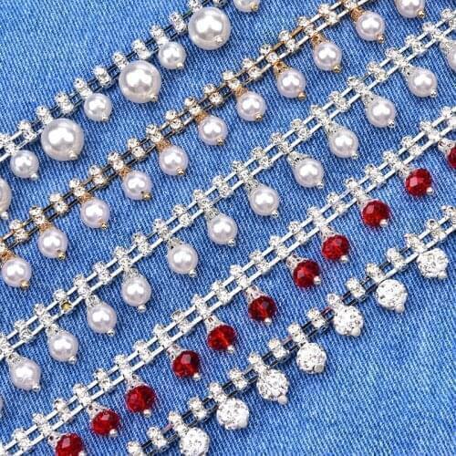 Candy Colors Round Beads Rhinestone Crystal Trim Sew on Pearl Fringe Chain Wedding Dress Belt Collar DIY Garment Accessories