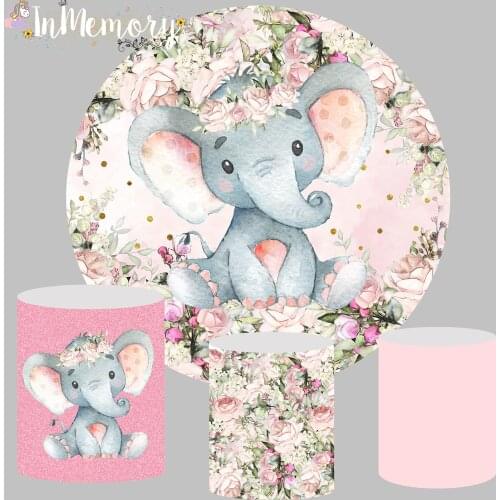 Baby Shower Circle Background Baby Girl Birthday Party Decor Cake Banner Photo Studio Elephant Round Backdrop Cylinder Covers