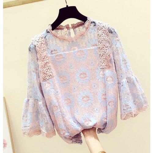 Lace Hollow Out Women Blouse Summer New 2021 Solid Lantern Sleeved Loose Elegant Office Lady Pulls Outwear Tops Tees