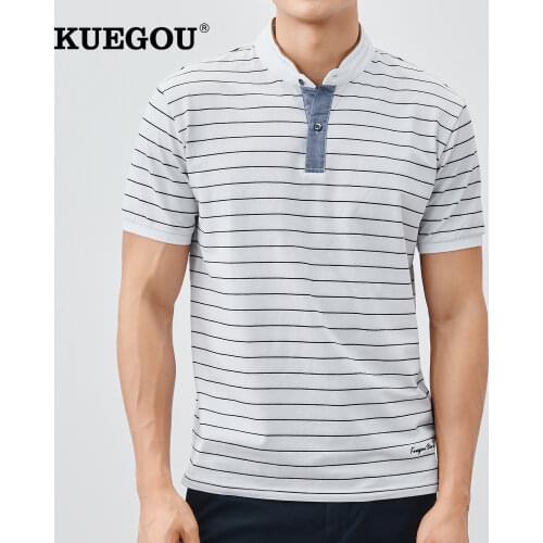 KUEGOU 2021 New Clothing Mans Striped Polo shirts short sleeves Fashion Stand Collar Summer Polos Men Top Plus Size ZT-90048