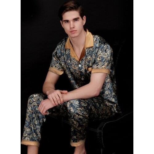 Men Summer Spring Silk Pajama Sets Plus Size Turn-Down Collar Lounge Wear Dragon Print 2 Pieces Suit Male Homewear Pajamas