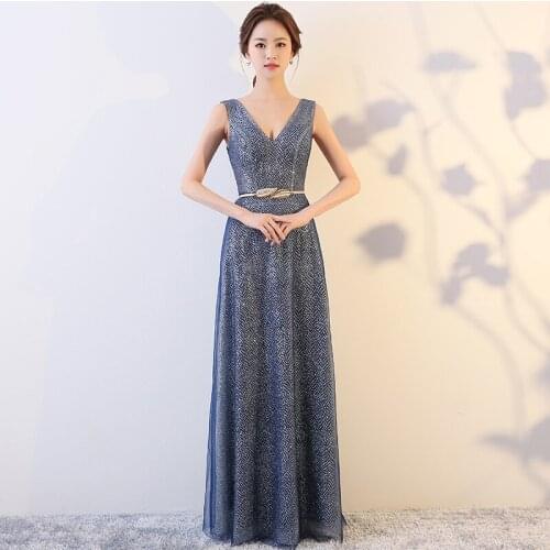 Fashion New V Neck Evening Dress Cheongsam Silver Host Long Dresses Qi Pao Women Chinese Traditional Clothing Party Gown Qipao