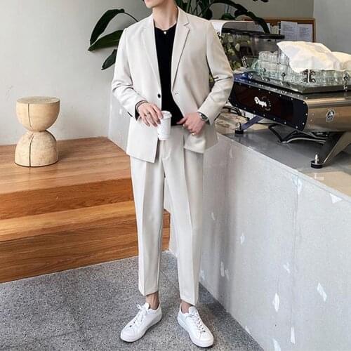 2021 Spring New Mens Suits Korean Fashion Slim Single Button Blazer + Straight Suit Pants Casual Loose Two Pieces Sets W367
