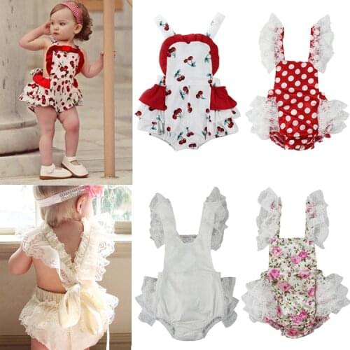 New Sweet Kids Baby Girl Straps Halter Cherry Lace Romper Backless Jumpsuit Lace Outfits One-pieces Baby Rompers Детские комбин