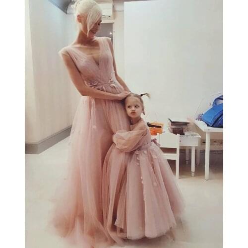 Simple Pink Tulle Moter Daughter Dresses Pink Mom Girls Matching Dresses Photography Party Celebration Dresses Custom