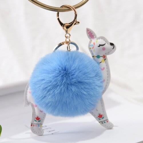 Fluffy Fur Ball Cute Alpaca Keychain Leather Animal Keyring Charm Chaveiros Artificial Rabbit Fur Pompom Key Chain Women Jewelry