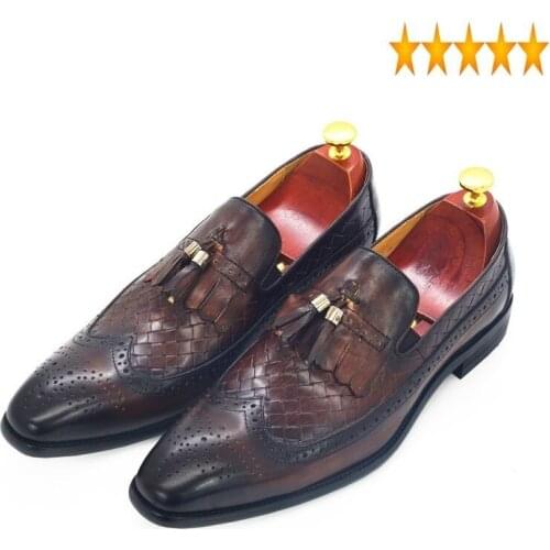 Leather Genuine Business Formal Men Banquet Party Vintage Tassels Wing Tip Slip On Dress Shoes Man Office Work Loafers