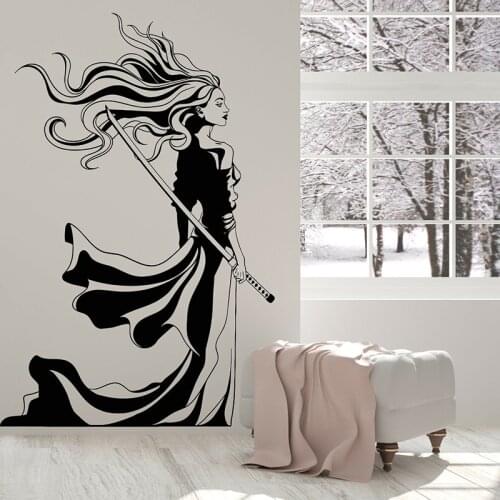 Japan Beautiful Samurai Girl Sword Wall Sticker Kids Room Bedroom Cartoon Manga Anime Warrior Solider Wall Decal Vinyl Decor