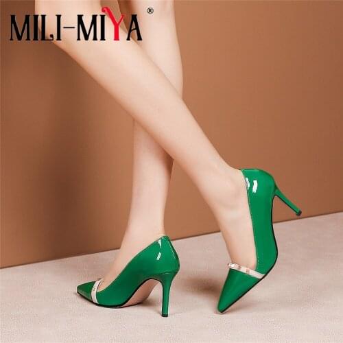 MILI-MIYA Sexy Women Thin Heels Cow Leather Pumps Slip-On Solid Color Pointed Toe Rivet Dress Party Shoes Size 34-40 For Ladies