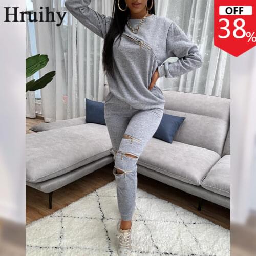 Fashion 2 Piece Sets Womens Outfits Solid Long Sleeve Sweatshirt Woman Pants Zipper Decorated Hole Knit Autumn Sets for Women