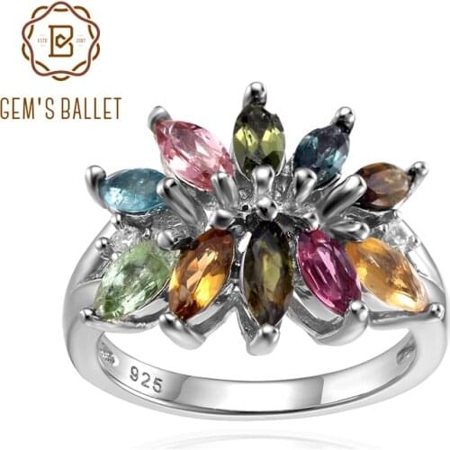 GEMS BALLET 925 Sterling Silver Gemstone Rings Natural Marquise Colorful Tourmaline Vintage Ring October Birthstone For Women