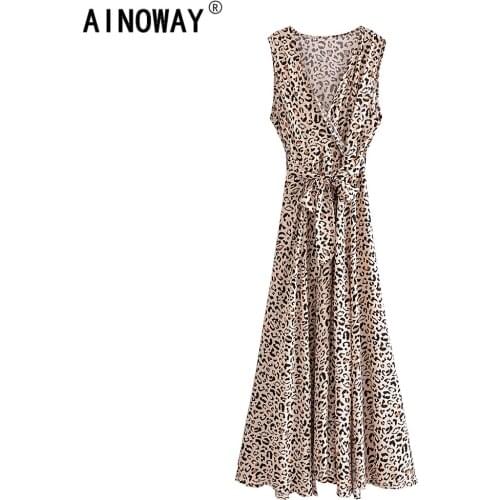 Vintage chic women Leopard print sleeveless beach Bohemian maxi dress Ladies cross v-neck Split rayon floor-length Boho sundress