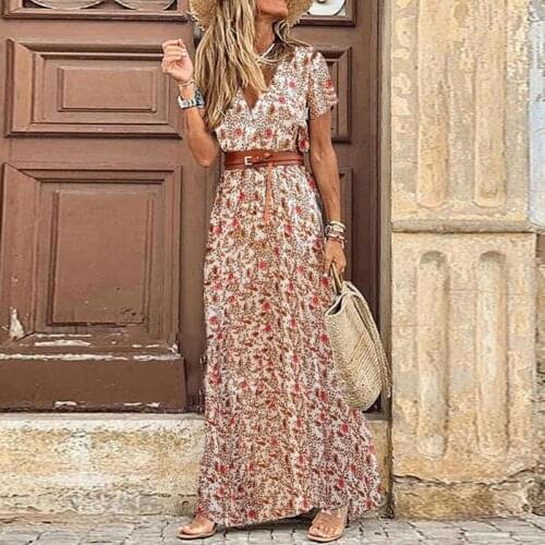 Popular Vintage Boho Women V Neck Short Sleeve Paisley Print Belt High Waist Tight High Split Large Hem Beach Long Dress