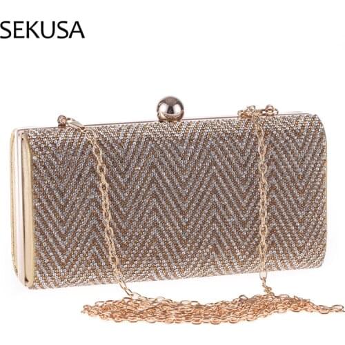 Golden Rhinestones Evening Bags Stripped Ladies Day Clutch Chain Shoulder Holder Flap Female New Party Purse