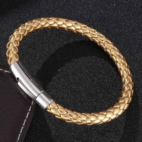 2021 Men Jewelry Luxury Gold Color Leather Bracelet Stainless Steel Snaps Weave Combination Bangles Wrist Band Gift BB0520J