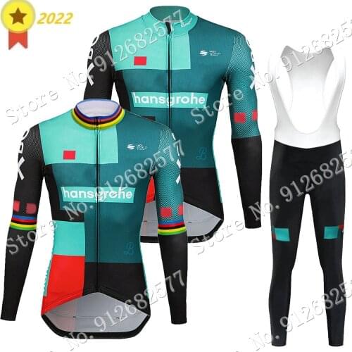 2021 Boraful Hansgrohe Green Cycling Jersey Set Winter Long Sleeve Cycling Clothing Men Road Bike Pants Suit MTB Maillot Culotte