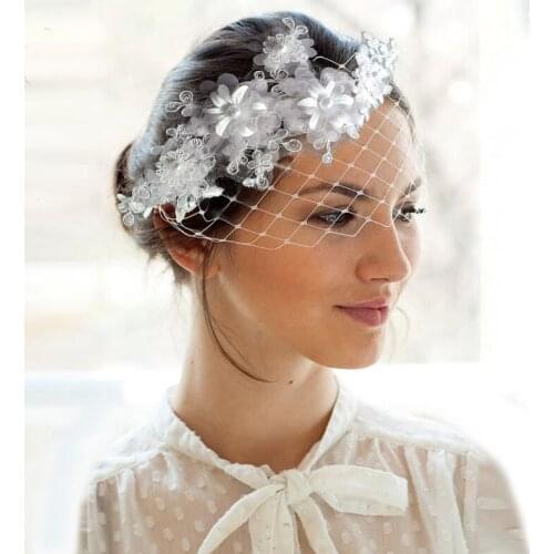 White Pearls Birdcage Veil Appliqued Pure White Colors Mesh Fishnet Veil for Women Cocktail Headband Veil Wedding Accessories