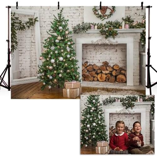 Christmas Tree Photography Background Brick Wall Backdrops Fireplace Backdrops Decor Photocall Background Photo Studio Banner