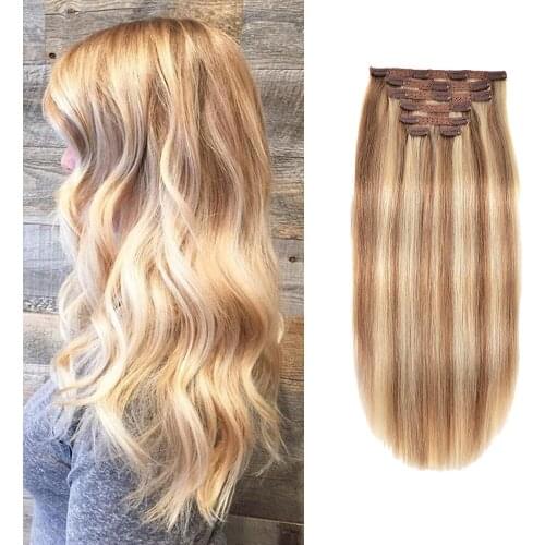 Gazfairy Straight Style Real Remy Hair Double Weft Full Head Clip In Human Hair Extensions 14''-20'' 120g 7Pcs/Set For Women